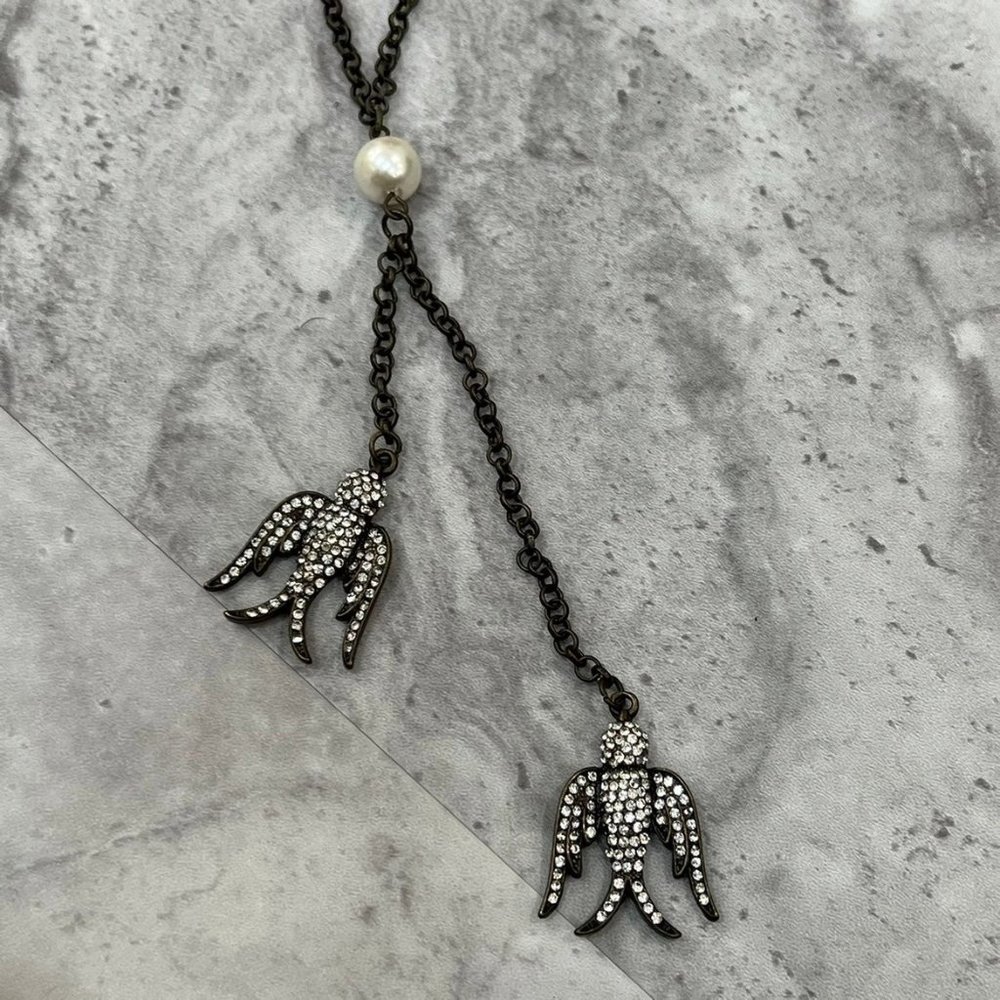 Black Tone Chain Necklace Rhinestone Two Birds‎